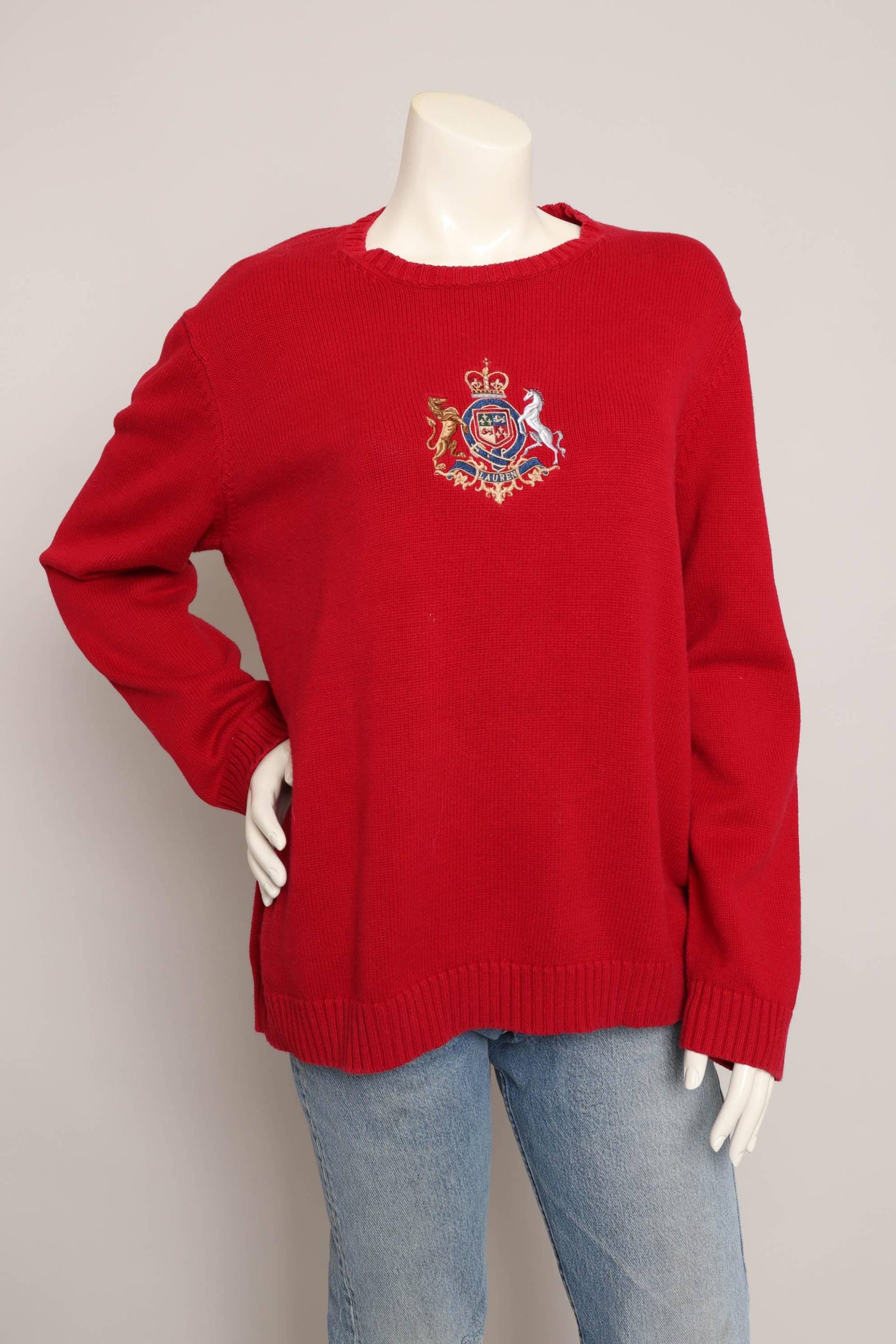 90S Ralph Lauren Crest Pullover Roter Baumwollstrick Im Reiterstil, Größe M//L/xl von LuxieVintage