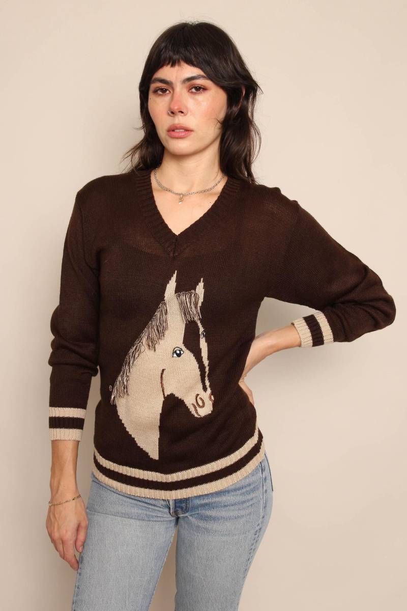 Vintage 70Er Jahre Pferdekopf Pullover Reed Hill Western Strickpullover von LuxieVintage