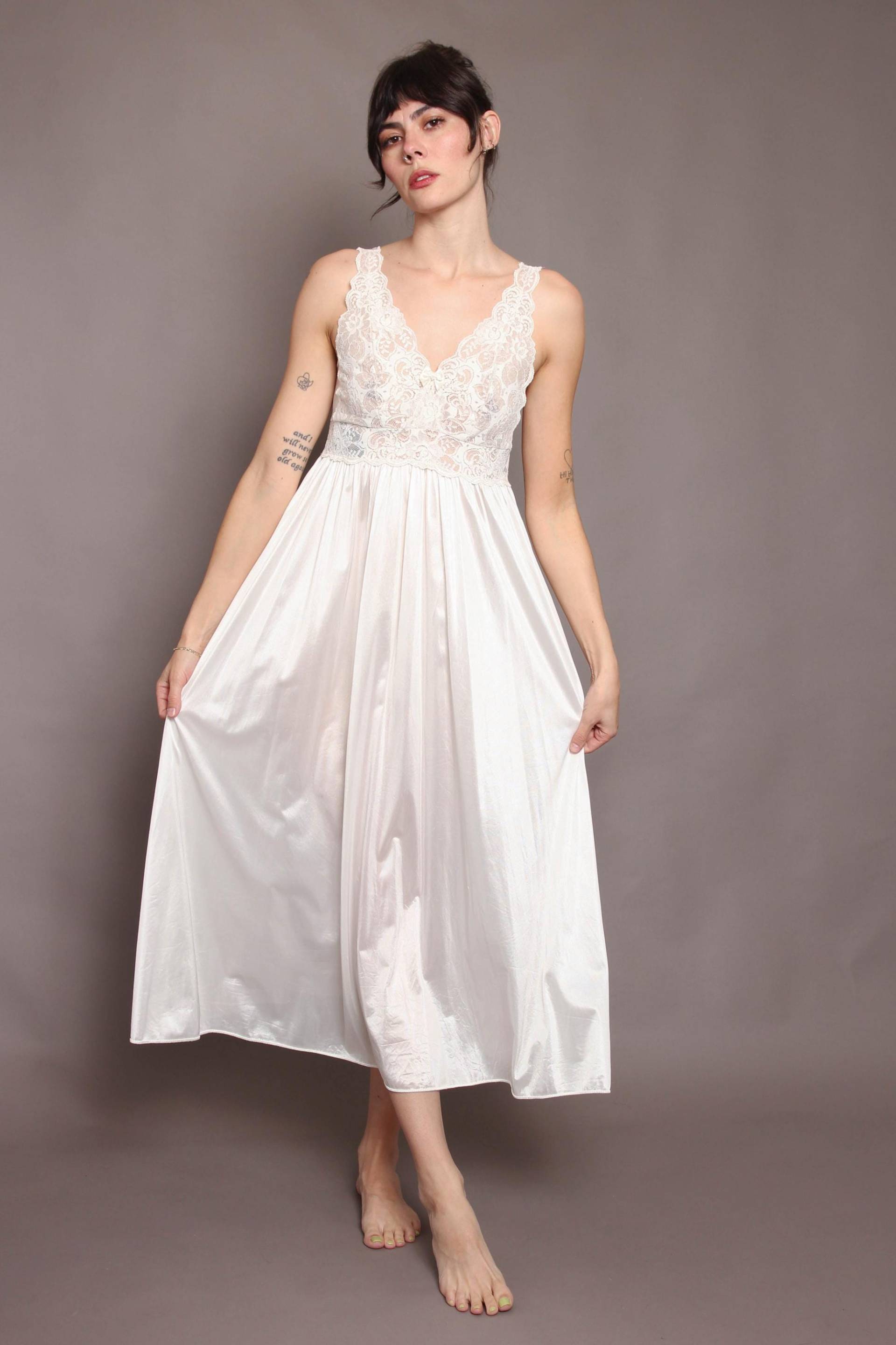 Y2K Floral Lace Satin Slip Dress 2000S Nachthemd, Größe Xs/S von LuxieVintage