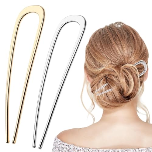2pcs Französisch Haarnadeln, Metall U-förmigen Haar Gabel Sticks Metall Haarnadel Elegant Updo Chignon Pins Extra lange Französisch Haarnadel für Frauen Mädchen Brötchen Hair Styling Zubehör (1 Gold & von Luxiremi