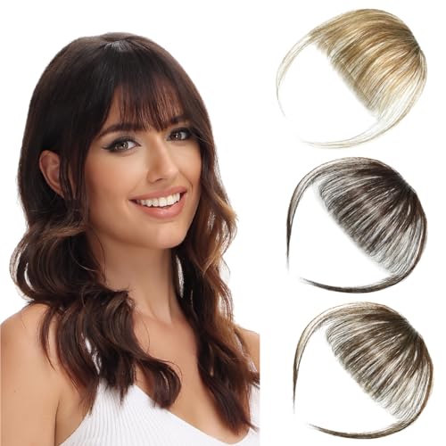 Luxiremi Clip in Pony Echthaar 100% Remy Dünner Fringe Bangs Extensions mit Schläfen Natürliche Schokolade Clip Pony Haarteile Echthaar für Damen Frauen von Luxiremi