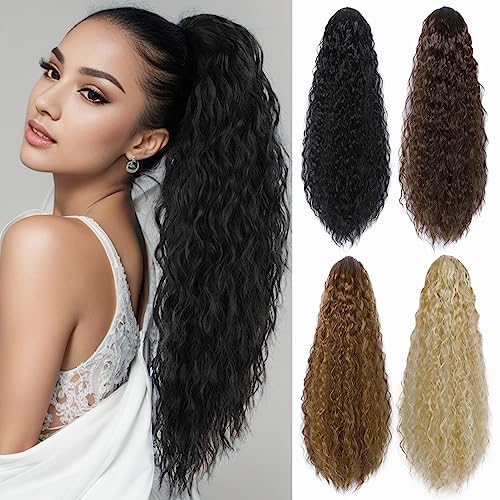 Luxiremi Drawstring Ponytail Extension Curly Wavy Long 22 Zoll Synthetic Pony Tail Clip in Hairpieces Afro Curly Corn Wave Ponytail for Women Natural Black von Luxiremi
