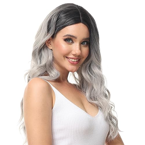 Luxiremi Grau Perücke Natürliche Lange Haare Perücken 65 cm Einstellbar Mittelteil Spitze Vorne Lockig Gewellt Perücken für Damen Täglicher Karneval von Luxiremi