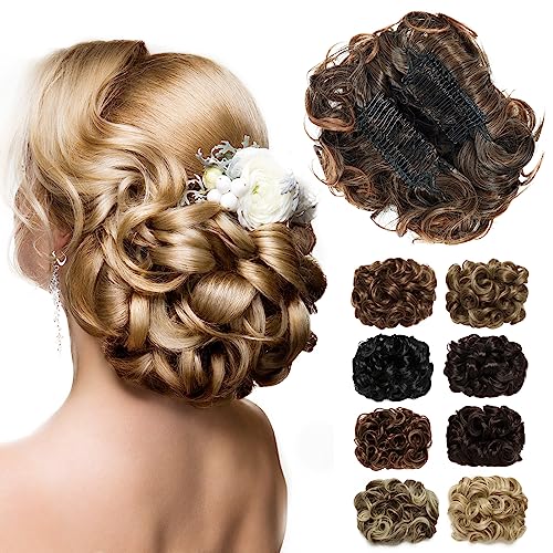 Luxiremi Haarteil Dutt Scrunchie Updo Lockiger Dunkelbraune Highlights Dick Haar Dutt Haarverlängerung Kämme im Dutt Haarteil für Frauen Damen von Luxiremi