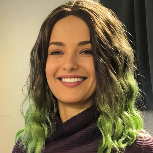 Luxiremi Perücke Ombre Grün Natürliche Kurz Haare 35 cm Einstellbar Mittelteil Spitze Vorne Lockig Gewellt Perücken für Damen Täglicher Karneval von Luxiremi