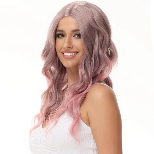 Luxiremi Rosa Lang Haare Perücke Synthetische 65 cm Einstellbar Mittelteil Spitze Vorne Lockig Gewellt Perücken für Damen Frauen von Luxiremi