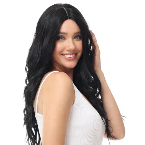 Luxiremi Schwarze Lang Haare Perücke Synthetisch 65 cm Einstellbar Mittelteil Spitze Vorne Lockig Gewellt Perücken für Damen Frauen von Luxiremi
