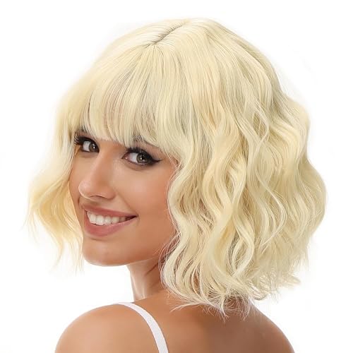 Luxiremi Perücken Blond Kurze Schulter Länge Lockig Gewellt Perücke Bob mit Pony Synthetische Cosplay Perücke für Damen von Luxiremi