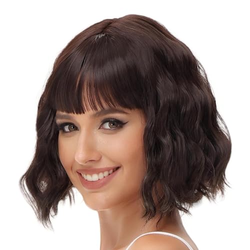 Luxiremi Perücken Braun Kurze Schulter Länge Lockig Gewellt Perücke Bob mit Pony Synthetische Cosplay Perücke für Damen von Luxiremi