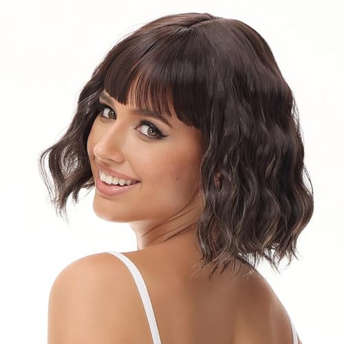 Luxiremi Perücken Braun mischen Blond kurze Lockig Gewellt Perücke Bob mit Pony Kunsthaar Cosplay Perücke für Damen von Luxiremi