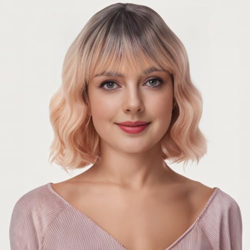 Luxiremi Perücken Ombre Orange kurze Lockig Gewellt Perücke Bob mit Pony Kunsthaar Cosplay Perücke für Damen von Luxiremi