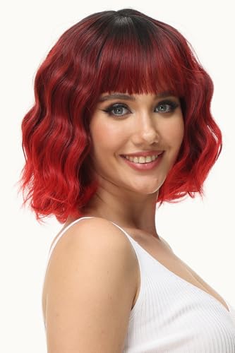 Luxiremi Perücken Rot Schwarz bis Rot Kurze Schulter Länge Lockig Gewellt Perücke Bob mit Pony Synthetische Cosplay Perücke für Damen von Luxiremi