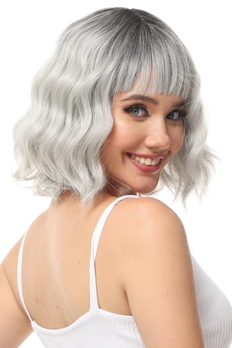 Luxiremi Perücken Silber Grau kurze Schulter Länge Lockig Gewellt Perücke Bob mit Pony Synthetische Cosplay Perücke für Damen von Luxiremi