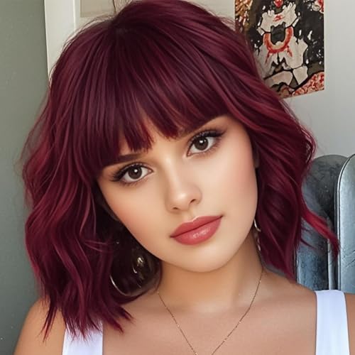 Luxiremi Perücken Weinrot Spezial Kurze Schulter Länge Lockig Gewellt Perücke Bob mit Pony Synthetische Cosplay Perücke für Damen von Luxiremi
