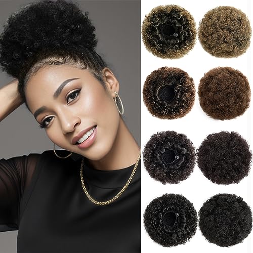 Luxiremi Ponytail Extension Afro Puff Haar Dutt Haarverlängerung mit Kordelzug Gummiband Dunkelbraun Mittel kurze Lockiger Pferdeschwanz Haarteil für Frau Damen von Luxiremi