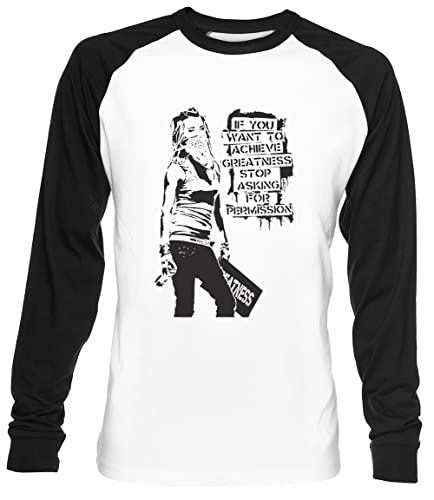 Banksy Quote Graffiti If You Want to Achieve Greatness Stop Asking for Permission Black and White with Banksy Tag Signature Hd Unisex Weiß Baseball T-Shirt Herren Damen Baseball T-Shirt von Luxogo