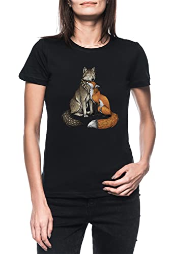 Wolf & Fuchs Freundschaft Damen Schwarz T-Shirt Kurzarm Women's Black T-Shirt L von Luxogo