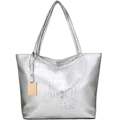 Luxshiny Große Tragetasche Mode Leder Einkaufstasche Alligator Umhängetasche Große Kapazität Handtasche Alles Lässige Tasche für Frauen Mädchen Silberne Tragetasche von Luxshiny