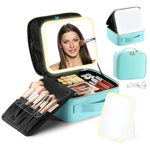 Luxspire Makeup Case with Detachable Lighted Mirror, Travel Makeup Bag Portable Makeup Train Case for Women, Professional Cosmetic Artist Bag with Adjustable Dividers Makeup Brush Storage, Lake Blue von Luxspire