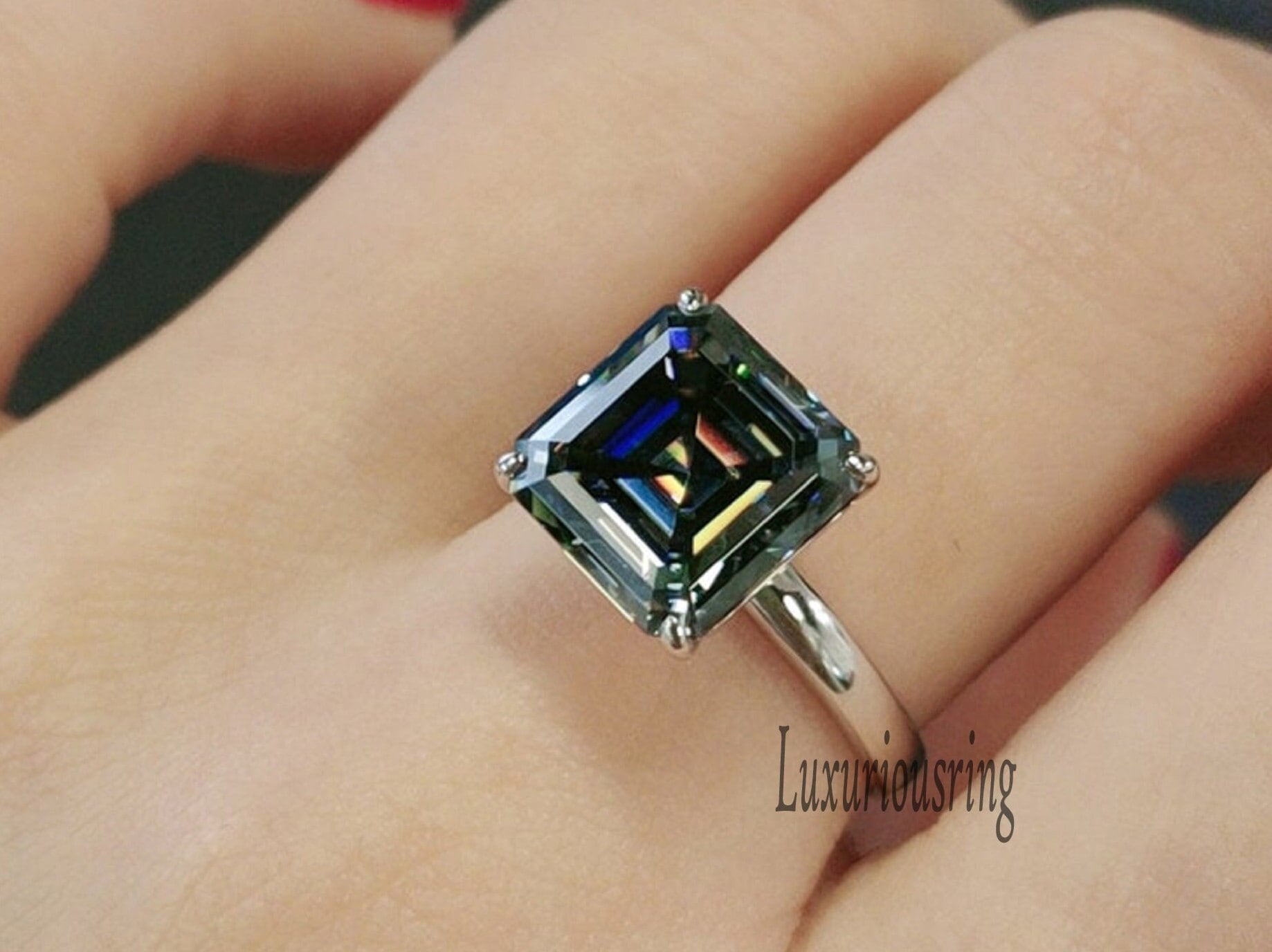 Dunkelgrauer Moissanit-Verlobungsring, Grauer Asscher-Moissanit-Ring, 9 Mm Asscher-Schliff-Ehering, 925 Sterling Silber Ring, Solitärring von Luxuriousring