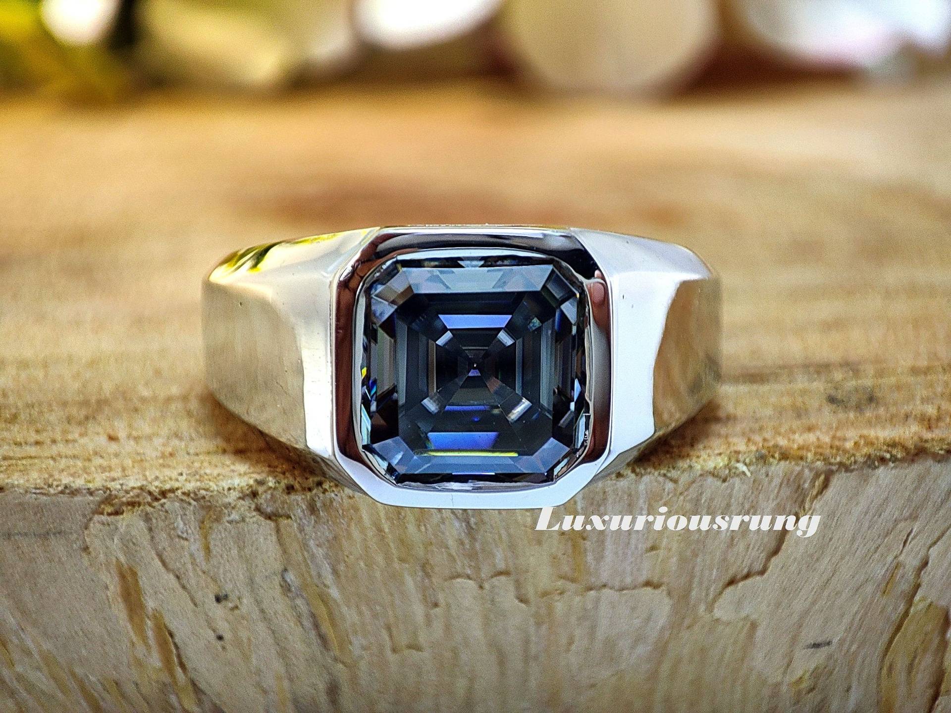 Grauer Moissanit-Herrenring, 1, 80 Ct Asscher-Schliff, Dunkelgrauer Moissanit-Verlobungsring Für 4 Ihn, Ehering Mit Lünette, Silberner von Luxuriousring