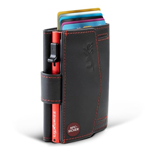 Luxurizz Smart Wallet aus echtem Leder rot/schwarz - Slim Wallet mit Münzfach & RFID-Schutz - praktisches Kartenetui mit Slider - Leder Geldbörse Herren & Damen für 10 Karten von Luxurizz