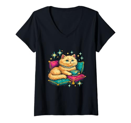 Damen Boujee Katze Fancy Spoiled Rich Energy Glam Frech Posh Crown T-Shirt mit V-Ausschnitt Damen Boujee Katze Fancy Spoiled Rich Energy Glam Frech Posh Crown T-Shirt mit V-Ausschnitt von Luxury Cat Lifestyle Pearls Glam Humor Sassy Fancy