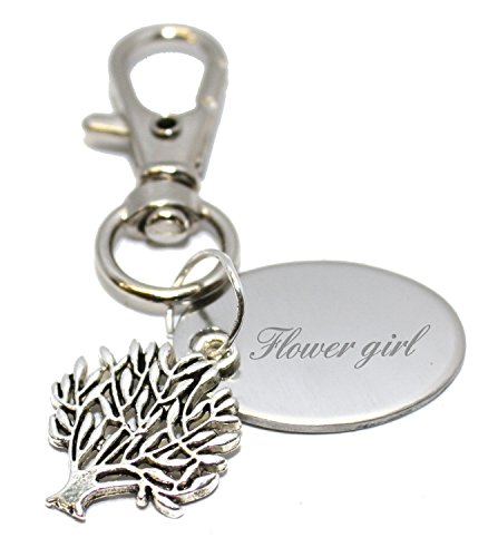BR633 Schlüsselanhänger / Handtaschen-Anhänger für Blumenmädchen, personalisierbar, Baum des Lebens, in Geschenkbeutel, silber, Einheitsgröße, Charm von Luxury Engraved Gifts UK