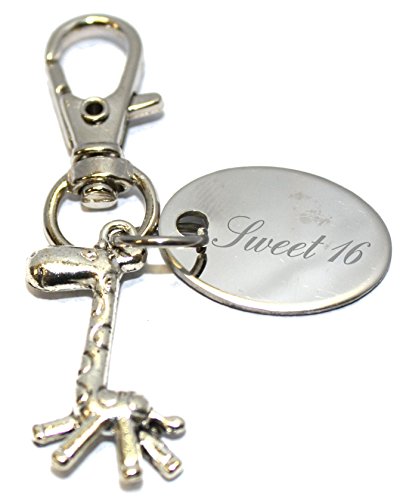 Sweet 16 Personalisierbarer Giraffen-Schlüsselanhänger/Handtaschen-Anhänger in Geschenkbeutel – LT114, silber, Einheitsgröße, Charm von Luxury Engraved Gifts UK