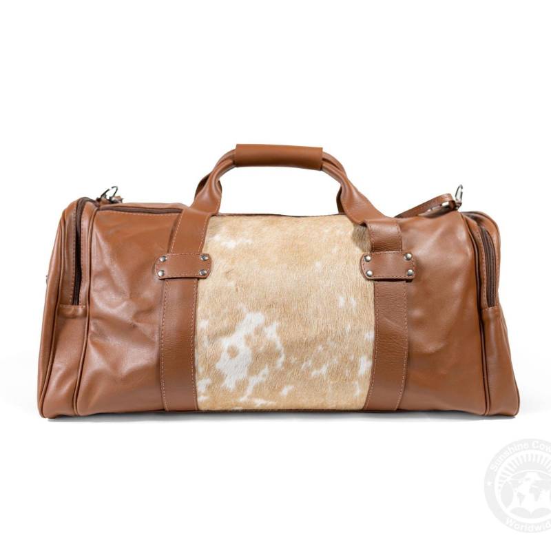 Braune Leder Seesack - Beige Rindsleder Akzente Mit Seitentaschen, Reise Weekender, 22x15x11 "' von LuxuryCowhidesUSA