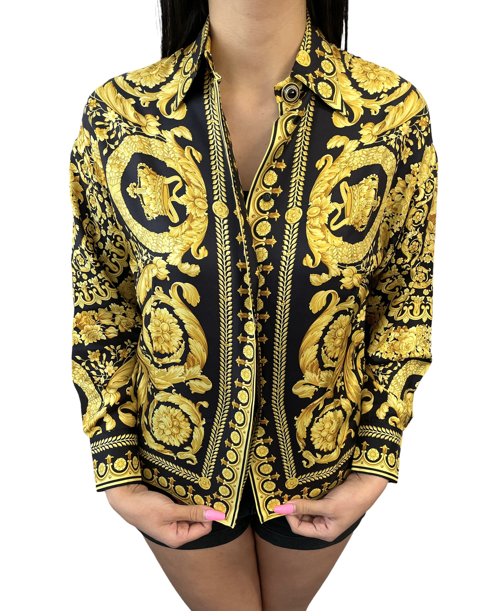 Gianni Versace Vintage Seide Hemden #38 Top Bluse Gold Schwarz Knopf Rankab+ von LuxuryFashionSparkJP