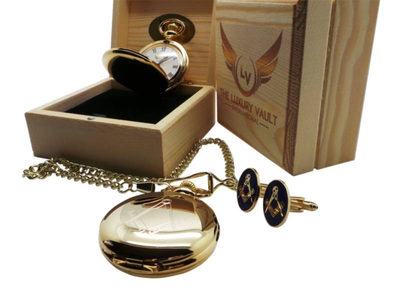 Freimaurer Gold Manschettenknöpfe Und Taschenuhr Luxuriöses 24 Karat Vergoldetes Geschenk Set Full Hunter von LuxuryVault