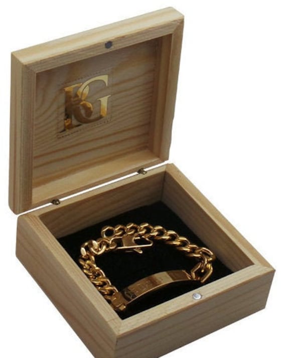 Gold Id Armband Identität Personalisierte Custom Graviert Kostenlos Curb Chain Holz Fall Box Unisex Mens Womens Damen Herren Dame Männer von LuxuryVault