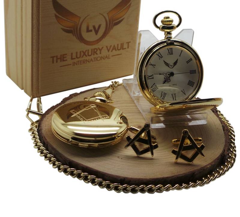 Masonic Gold Manschettenknöpfe Und Freimaurer Taschenuhr Luxuriöse 24 Karat Vergoldet Geschenk Set Full Hunter von LuxuryVault