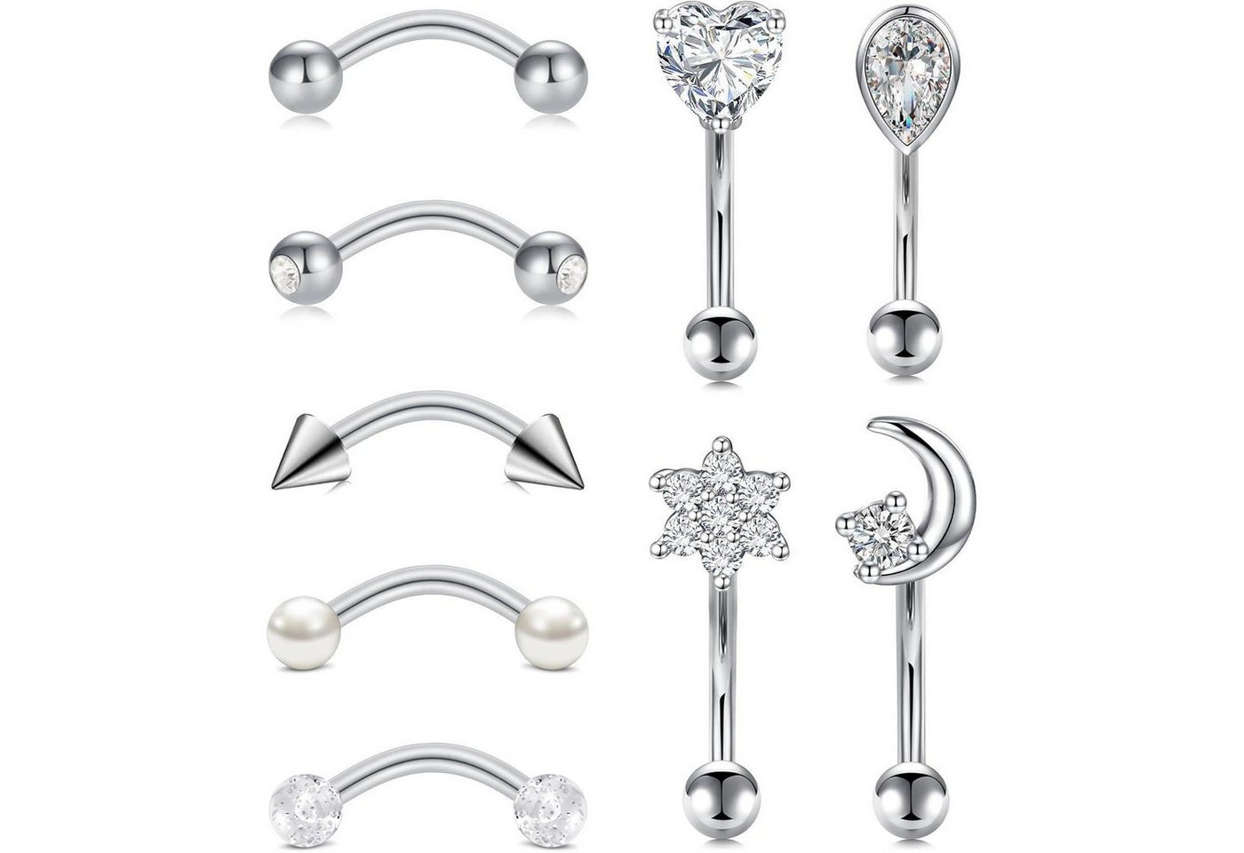 LuxusKollektion Augenbrauenpiercing-Set Augenbrauenpiercing Rook Chirurgenstahl 1,2mm gebogen 9stk 8mm Silber von LuxusKollektion