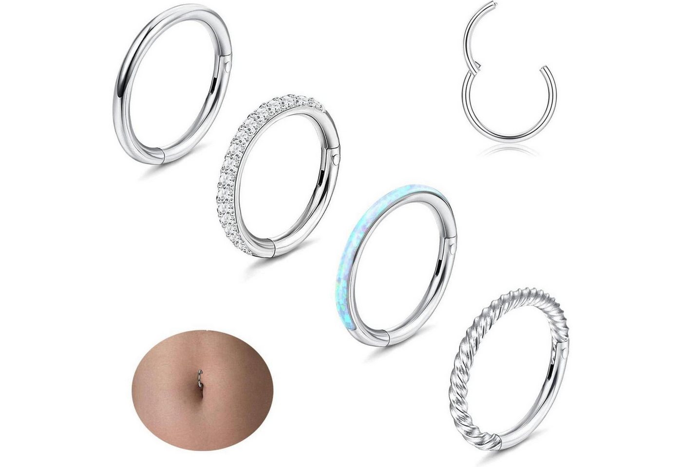 Diamday Bauchnabelpiercing 14G Bauchnabelpiercing Edelstahl Opal CZ Hoop Ringe 4er Set von Diamday