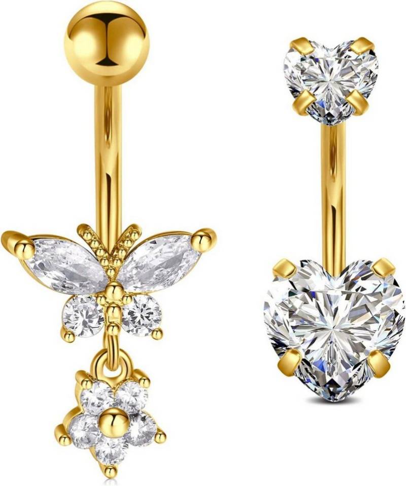 Crdifu Bauchnabelpiercing 2er Bauchnabelpiercing Gold 10mm Chirurgenstahl Herz Schmetterling von Crdifu