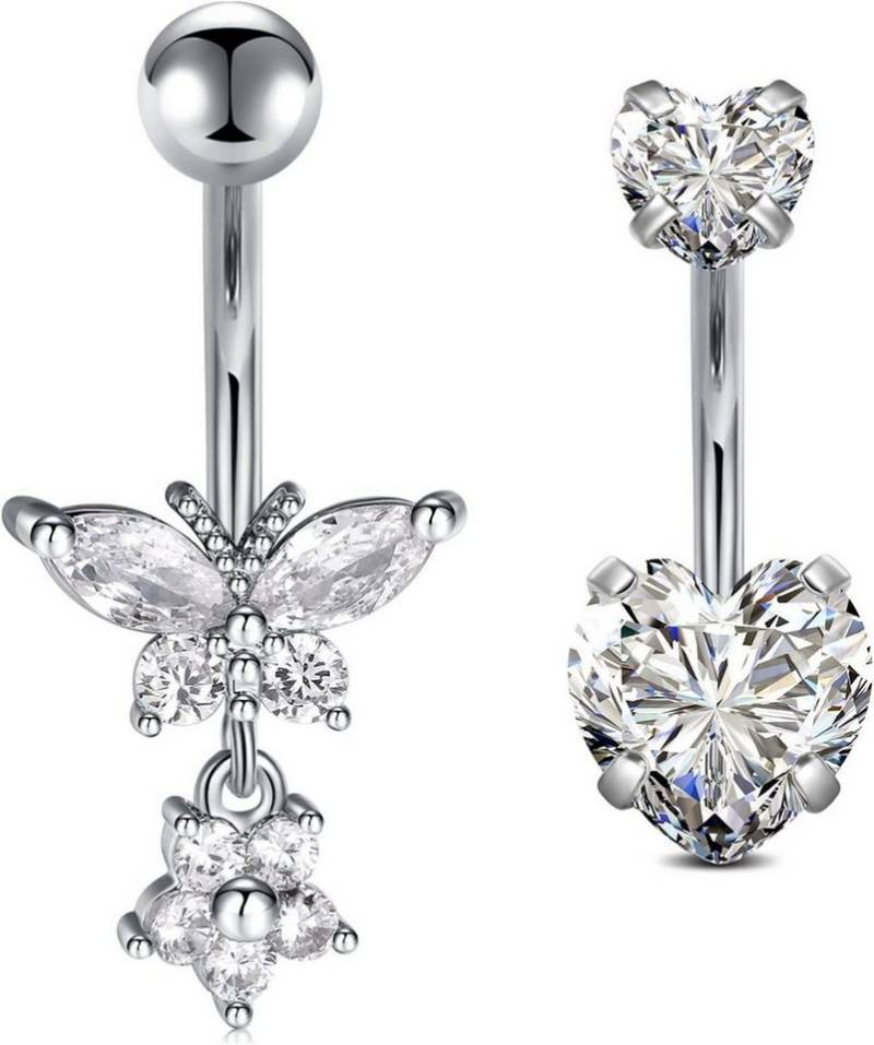 Crdifu Bauchnabelpiercing-Set 2er Set Bauchnabelpiercing Silber Chirurgenstahl Herz Schmetterling von Crdifu