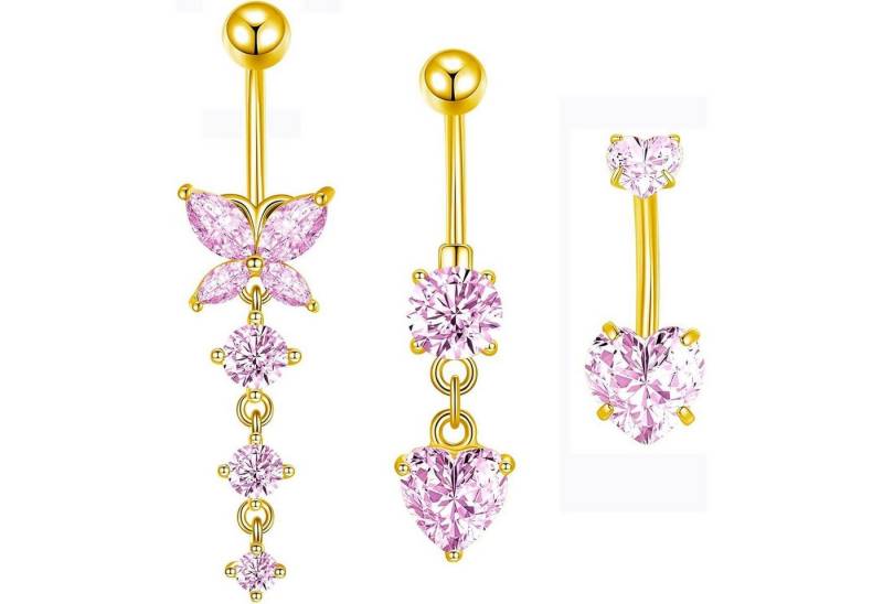 Besyvvin Bauchnabelpiercing-Set 3er Bauchnabelpiercing Set Silber Gold Rose Zirkonia Herz Anhänger von Besyvvin