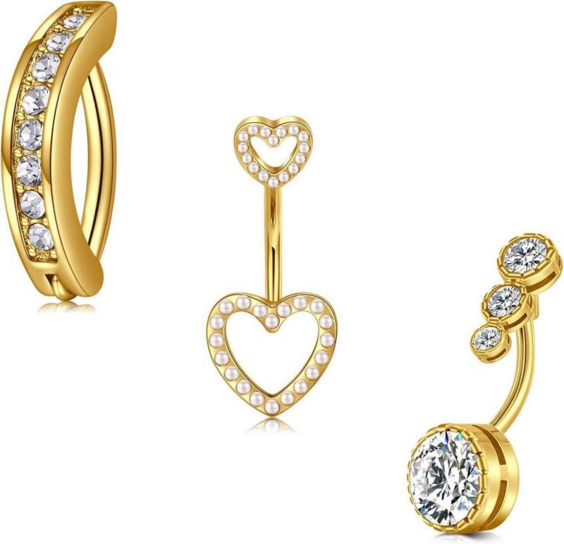 LAURITAMI Bauchnabelpiercing-Set 3stk Bauchnabelpiercing Herz Edelstahl CZ 14G 10mm Piercing Silber von LAURITAMI