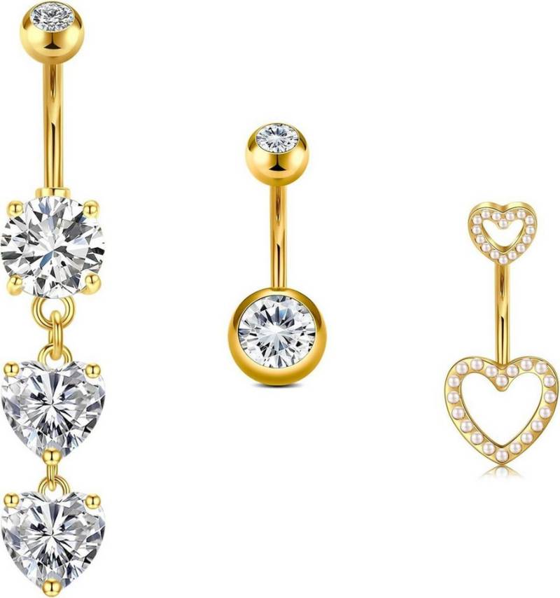 LAURITAMI Bauchnabelpiercing-Set 3stk Herz Bauchnabelpiercing Edelstahl CZ 14G 10mm Silber Gold von LAURITAMI