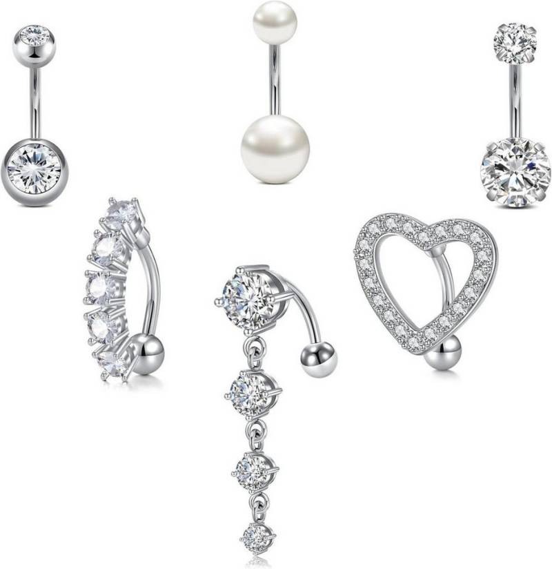 LuxusKollektion Bauchnabelpiercing-Set 6er Set 14G Bauchnabelpiercing Ring Herz CZ Perle Diamant von LuxusKollektion