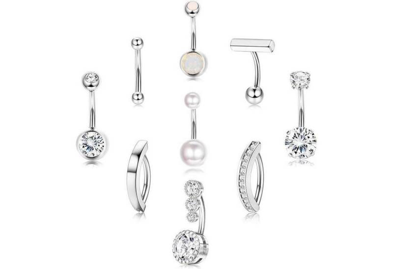 TJUSPIRIT Bauchnabelpiercing-Set 9er Set Bauchnabelpiercing Ringe 14ga 10mm - Silber Gold OPAL Perle CZ von TJUSPIRIT