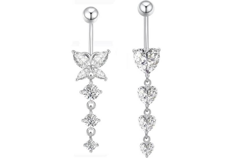 LuxusKollektion Bauchnabelpiercing-Set Bauchnabelpiercing 14G Chirurgenstahl Herz 10mm Silber 2 Stück-D von LuxusKollektion