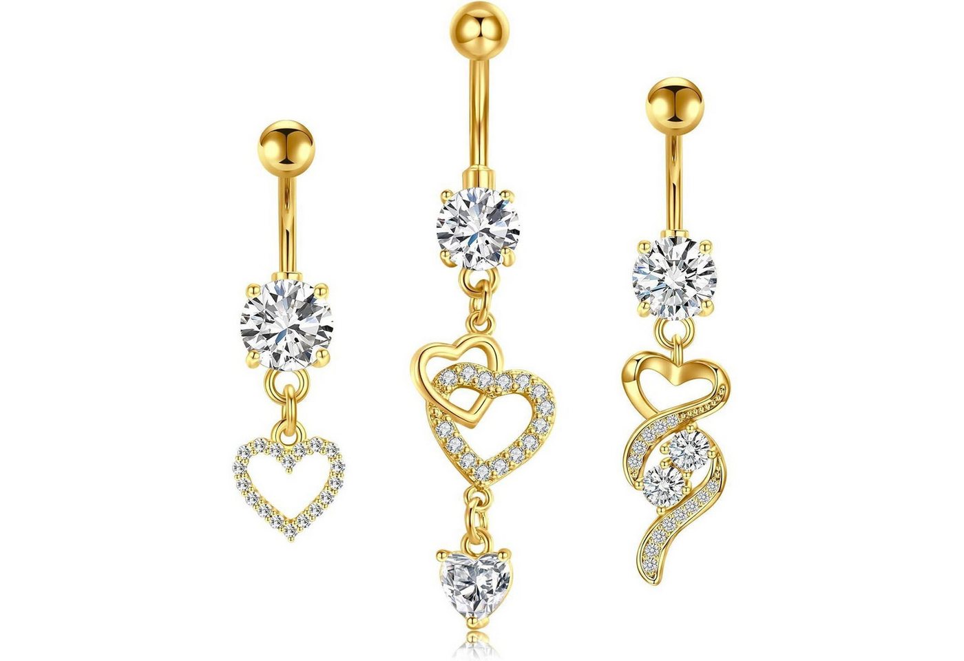LuxusKollektion Bauchnabelpiercing-Set Bauchnabelpiercing Damen 10mm Edelstahl Herz 3 Stk. Dangly Gold B von LuxusKollektion