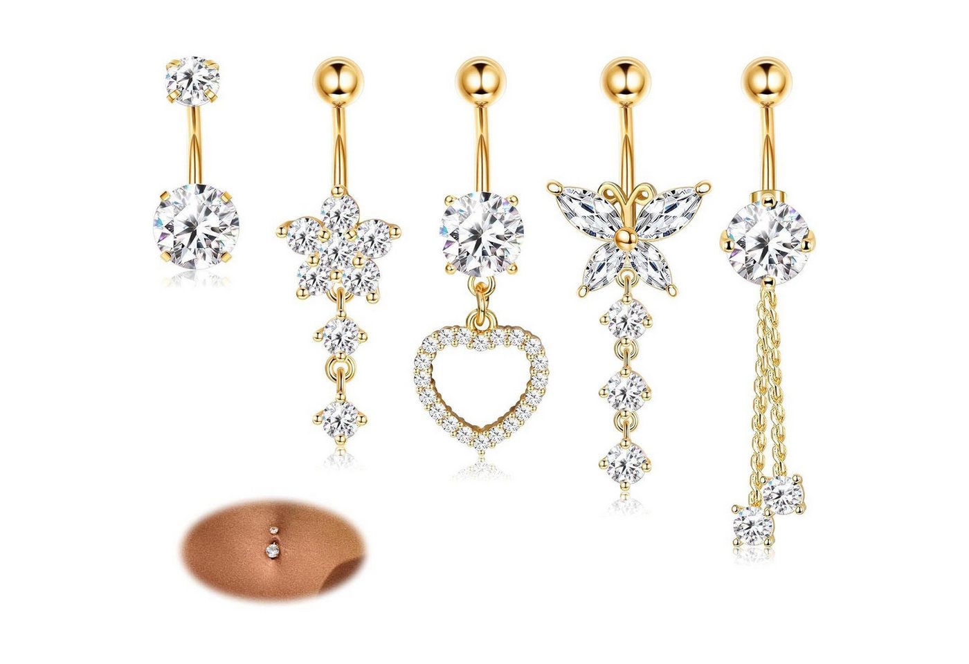 Diamday Bauchnabelpiercing-Set Bauchnabelpiercing Set 5stk Chirurgenstahl CZ Herz Schmetterling von Diamday