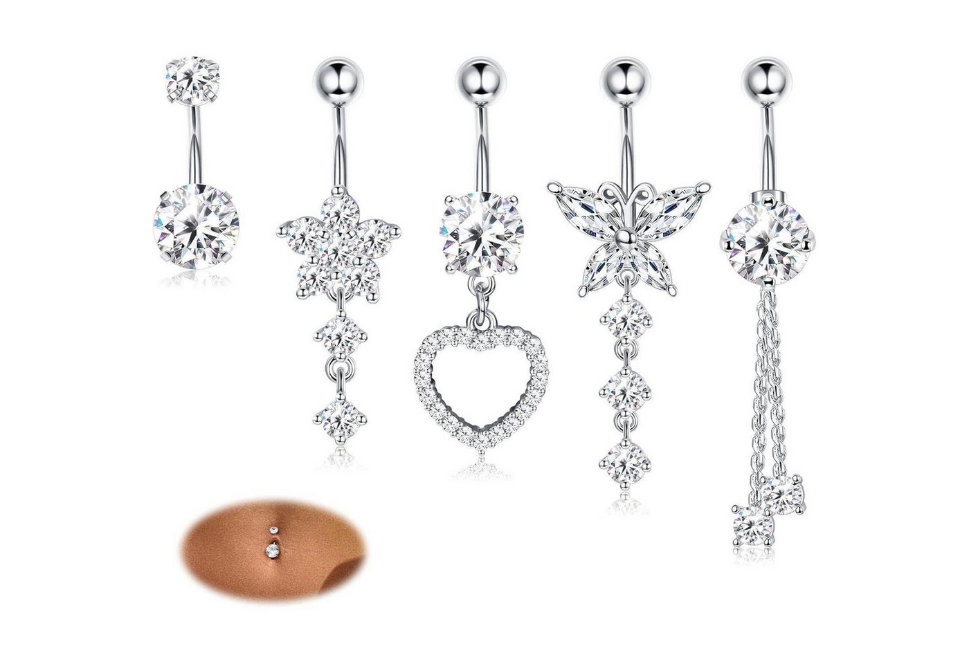Diamday Bauchnabelpiercing-Set Bauchnabelpiercing Set Chirurgenstahl CZ Baumelnd Gold Silber Herzen von Diamday