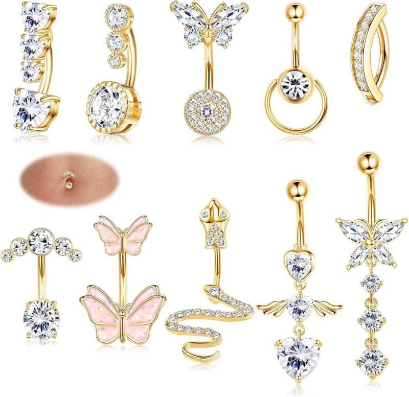 Morfetto Bauchnabelpiercing-Set Bauchnabelringe Bauchpiercing Set 10 Stück 14G Edelstahl Goldringe von Morfetto