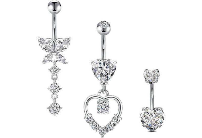 LuxusKollektion Bauchnabelpiercing-Set Nabelpiercing 3er Chirurgenstahl 14G Herz Schmetterling Silber-1 von LuxusKollektion