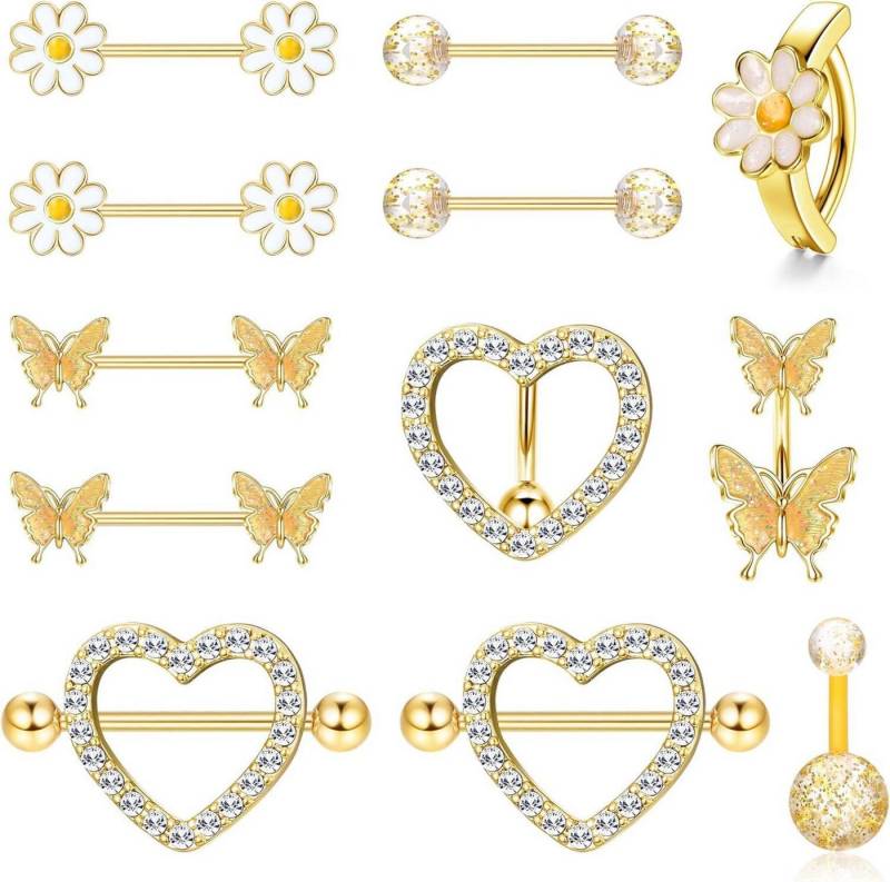 Kakonia Brustwarzenpiercing-Set 14G Nippelpiercing und Bauchnabelpiercing Set Chirurgenstahl Herz von Kakonia